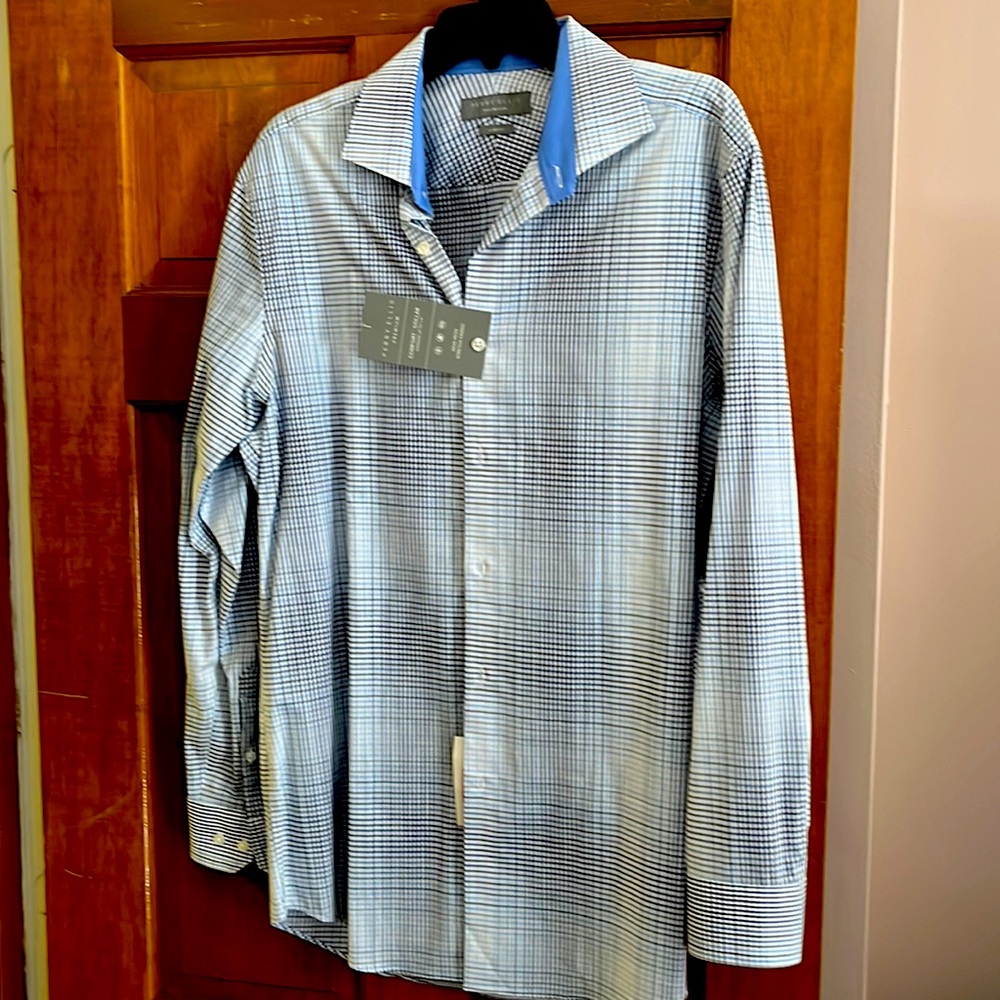 Men’s blue, grey and white checkered plaid shirt. Button down slim fit.